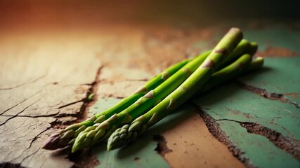 Close-up of fresh green asparagus stalks positioned on a textured weathered wooden surface with warm light illuminating the varying shades of green highlighting the delicate tips and smooth edges in - Powered by Adobe