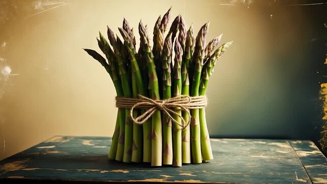 Close-up of fresh green asparagus bundled with twine vibrant colors against soft blurred background showcasing its crisp texture and uniform height highlighting the natural beauty and freshness of