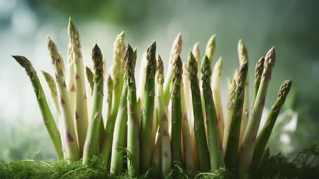 Close-up of vibrant green asparagus spears rising above lush green moss captured in soft natural light with a blurred background to highlight their textures and colors throughout the frame