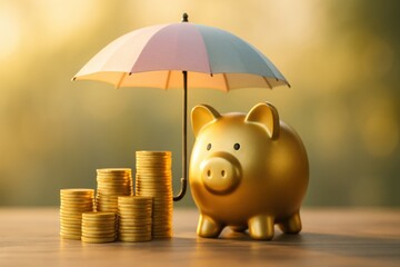 Golden piggy bank under umbrella symbolizes safe investment and wealth accumulation, showcasing gold as secure asset for financial growth