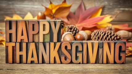 Happy thanksgiving sign, holiday decoration element, rustic wood engraving style, brown tone, isolated on white background, created with generative ai