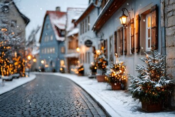 Snowy street decorating for christmas in quaint european village