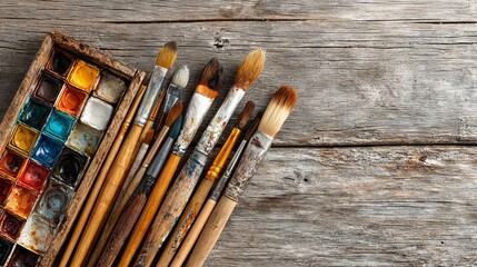 Watercolor painting supplies on rustic wooden board with brushes paint tubes palette and paper art studio top view creative artist workspace background