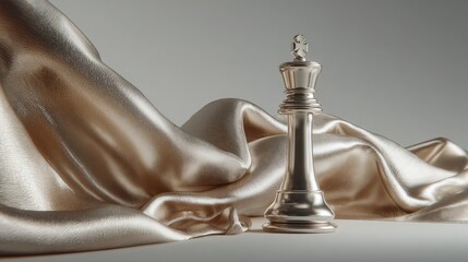 Silver chess king piece on luxurious golden silk fabric