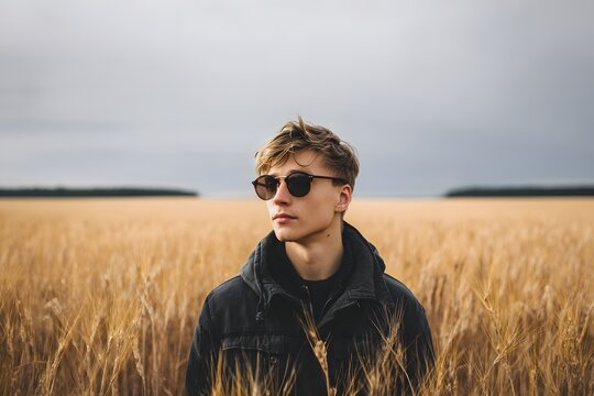 Young man with sunglasses standing in a field of golden wheat on a cloudy day