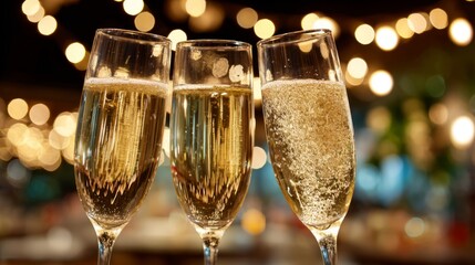 Three glasses of sparkling champagne in a festive setting