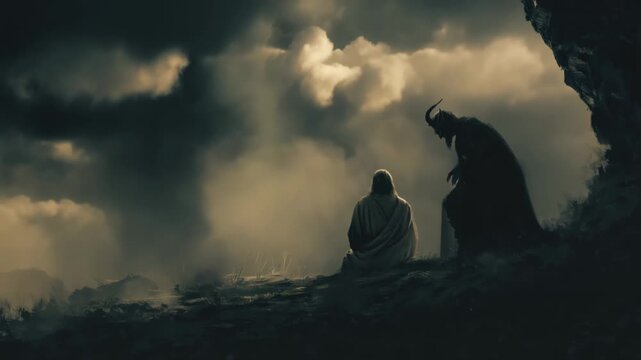 Jesus confronts temptation in a dramatic encounter with darkness in the wilderness