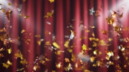 Falling Confetti and Stars Against a Red Curtain Background for Event - Powered by Adobe
