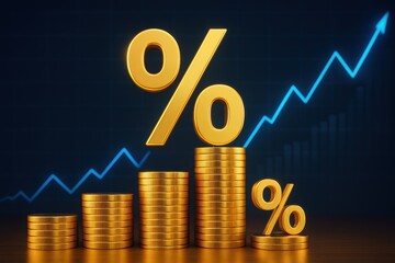 Golden coins stacked with rising percentage symbol represent investment and wealth, showcasing gold as safe asset for financial growth