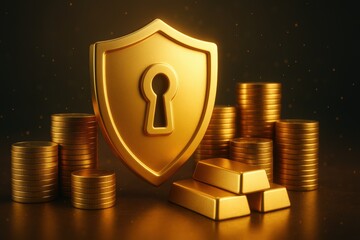 Golden coins and bars symbolize wealth and investment, while shield represents safe asset for securing financial futures