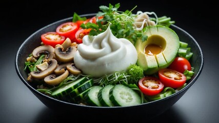 Colorful salad bowl featuring fresh vegetables such as sliced cucumbers ripe cherry tomatoes mushrooms avocado bean sprouts and a creamy topping presented in a dark setting with soft lighting - Powered by Adobe
