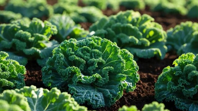 Close-up of vibrant green cabbage plants thriving in a well-maintained field showcasing their leafy textures and moist soil under bright daylight highlighting agricultural growth with consistent