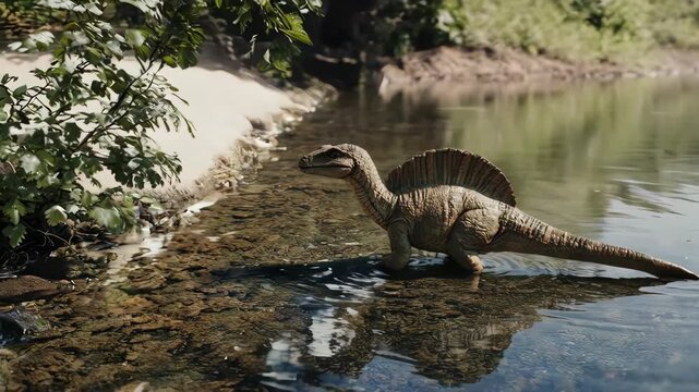 A Spinosaurus toy walks through shallow water