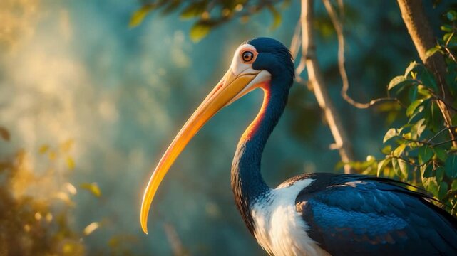 Close-up of a vibrant Asian Openbill stork with striking blue black and orange plumage gazing serenely amidst lush green foliage basking in soft warm sunlight with a blurred natural background