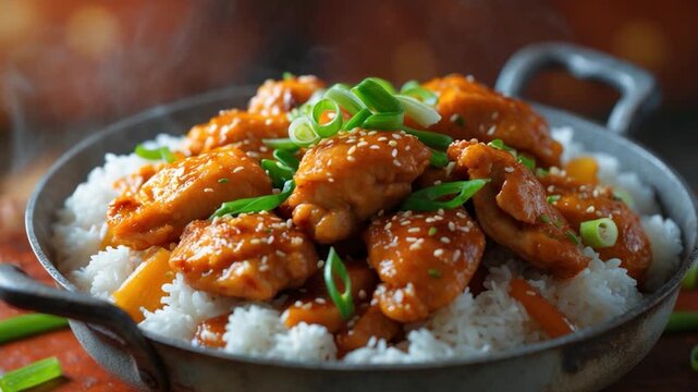 Close-up of delicious orange chicken pieces garnished with green onion and sesame seeds served on a bed of fluffy white rice steaming in a rustic metallic bowl highlighted by soft warm lighting and a