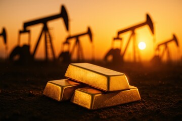 Golden bars symbolize wealth and safe investment in world where oil rigs stand tall against vibrant sunset