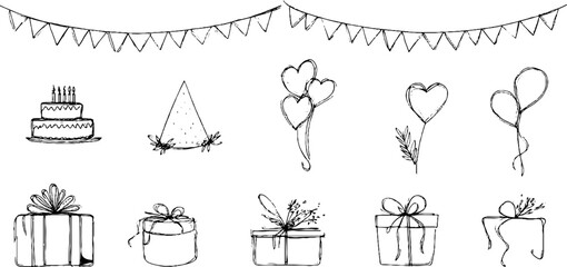 Vintage hand drawn birthday celebration elements for party design and decoration