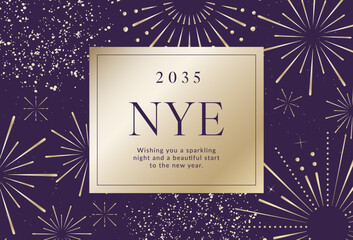 New Years Invite Invitation Card Poster Flyer Template in Luxe Gold & Purple with Fireworks Vector Background