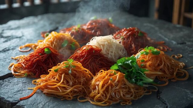Colorful assortment of stir-fried noodles arranged in a circular pattern on a dark stone surface garnished with fresh herbs with steam rising in warm natural light showcasing rich textures and
