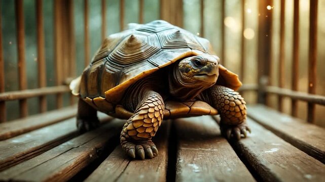 Close-up of a tortoise moving slowly on wooden planks within a natural outdoor environment showcasing detailed textures of its shell and skin under soft warm lighting with blurred background elements.