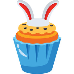 Easter Bunny Cupcake with Orange Frosting and Blue Wrapper Isolated on Transparent Background Featuring a Festive Treat Ideal for Spring Celebrations and Desserts