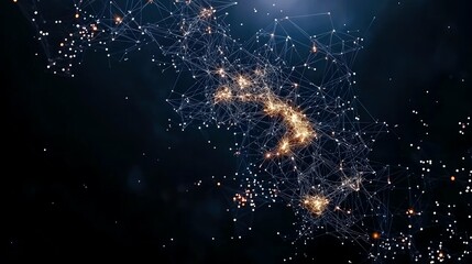 A complex network of interconnected glowing points and lines forms an abstract pattern against a dark, hazy background.