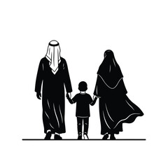 Arab Family Rear View – Muslim Parents with Child Silhouette Vector