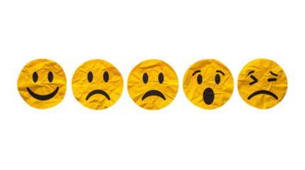 Set of crumpled paper yellow emoji faces showing different emotions
