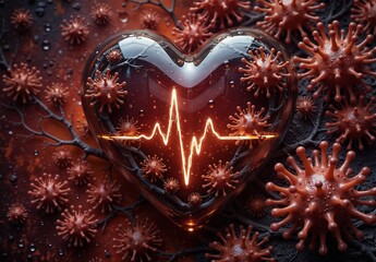 coronavirus and heart health concept with glowing heartbeat line and virus cells surrounding a glass heart.
