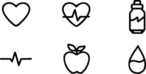 Minimalist line art set of healthy lifestyle icons featuring heartbeat, apple, and water bottle for wellness design