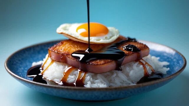 Close-up of a delicious plate featuring steamed rice topped with golden fried egg crispy slices of meat drizzled with dark sauce set against a soft blue backdrop emphasizing textures and vibrant