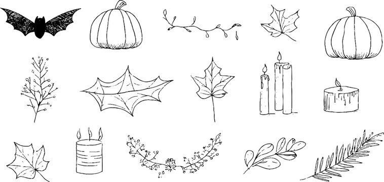 Minimalist halloween line art set with pumpkins, bats, and spooky elements for seasonal decor