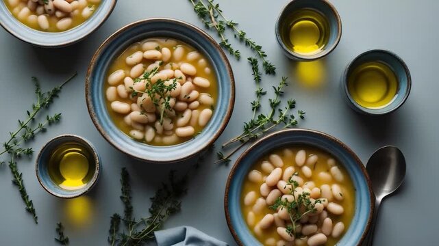 Top-down view of two bowls of creamy white bean soup garnished with fresh thyme surrounded by small bowls of olive oil on a soft gray background featuring natural light and a minimalistic