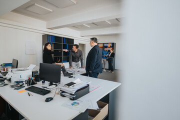 A vibrant and interactive scene of a business team collaborating in a contemporary office environment, illustrating teamwork and communication.