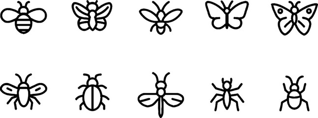 Naklejka premium Minimalist line art insect icon collection featuring bees and butterflies for design projects