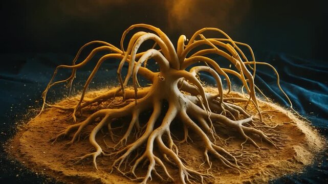 Detailed view of a textured brown tree root structure with intricate branches emerging from a circular mound of earth softly illuminated against a dark background showcasing fine sand and dust