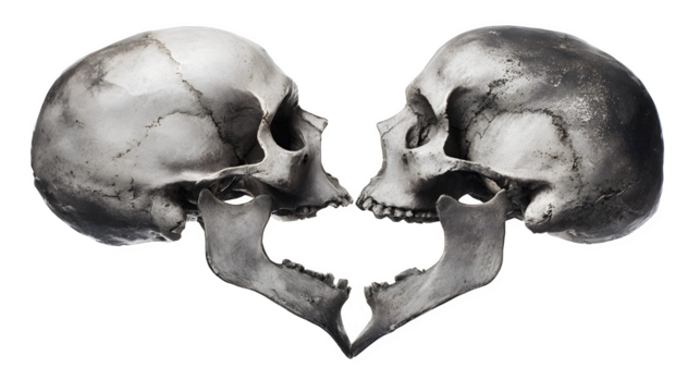 Skulls forming a heart shape, isolated on transparent background