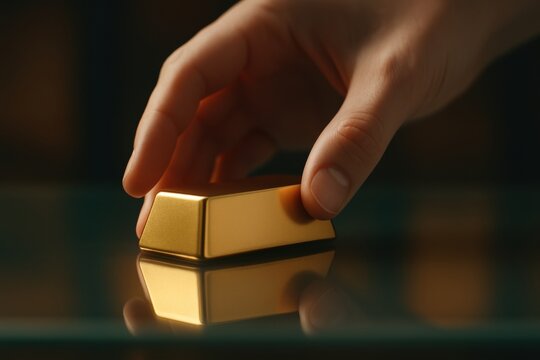 Hand gently touches gold bar reflecting on glass surface, symbolizing investment and wealth as safe asset for future