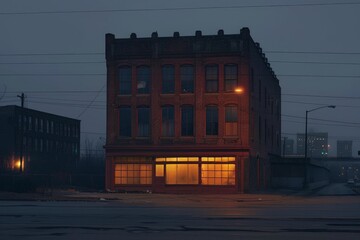 Empty brick building glows with warm interior light on a deserted city street at dusk, creating a mysterious and evocative scene