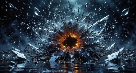 shattered metallic flower blooming in water with dynamic splash and fiery center, dramatic digital art.