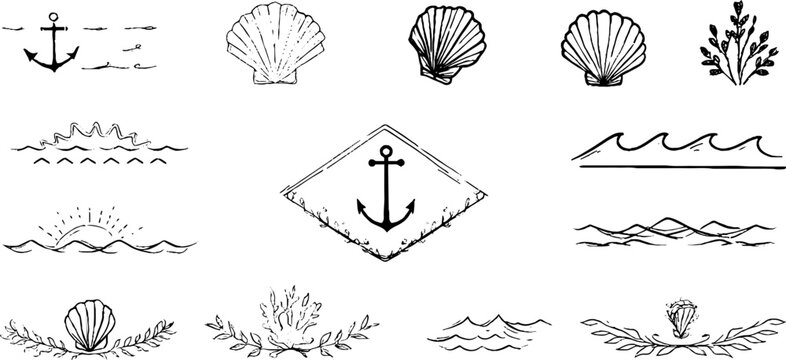 Minimalist marine line art set with anchor and seashell designs for nautical decor