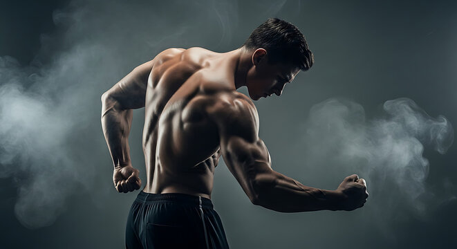 Powerful shirtless bodybuilder flexing his impressive back and bicep muscles against a dramatic dark smoky background