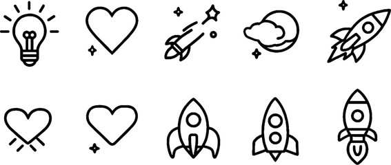 Minimalist line art set of motivational icons featuring light bulb and rocket designs for inspirational use