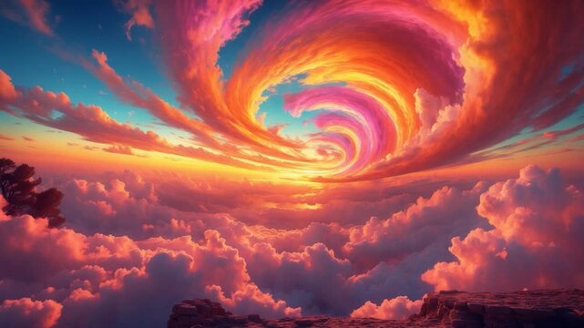 Vibrant swirling clouds in a colorful sunset sky showcasing dynamic movement and intricate patterns surrounded by soft fluffy clouds with warm tones and a rocky foreground captured in a wide view