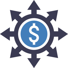 Dollar Sign Emblem With Eight Outward Pointing Arrows Representing Financial Growth Expansion And Multiple Investment Opportunities In Dark Blue And White Colors