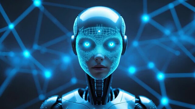 Futuristic humanoid robot with a sleek metallic surface and glowing blue eyes showcasing intricate patterns and textures set against a dark networked background in close-up view with glowing elements