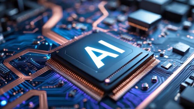 Close-up view of a modern computer chip on a circuit board displaying glowing letters while illuminated by soft light highlighting intricate textures and electronic components in a high-tech