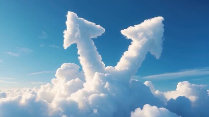 Fluffy white clouds forming arrow shapes against a bright blue sky showing dynamic movement from beginning to end with a shifting composition and varying textures in an open atmosphere. - Powered by Adobe