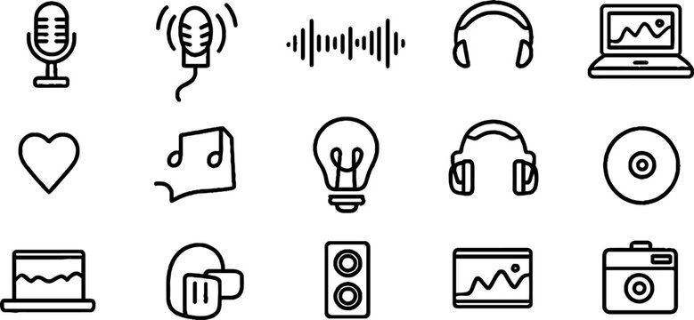 Minimalist line art set of podcast icons featuring microphone and sound elements for design projects