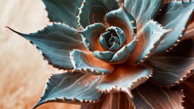 Close-up of a vividly colored agave plant with sharp textures and rich blue-green hues showcasing intricate leaves in soft natural light against a warm-toned background highlighting unique botanical